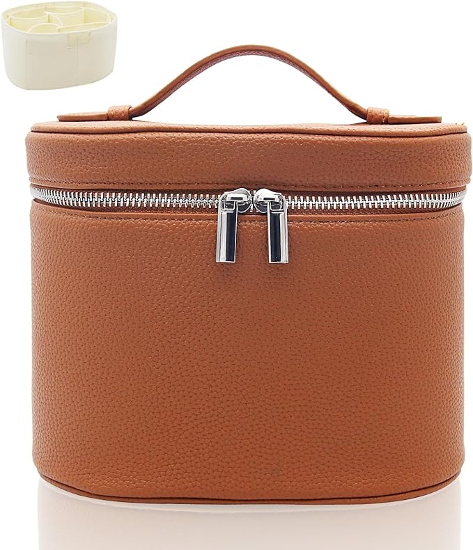 KJMYYXGS Leather Makeup Bag with Dividers Make Up Organizers with Compartments and Handle for Vanity Travel Makeup Countertop Case (brown)