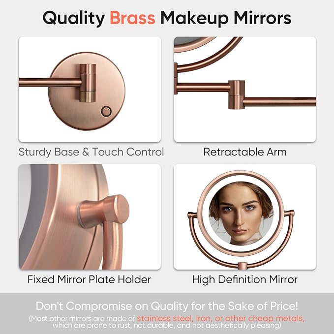 GURUN Wall Mounted Hardwired Makeup Mirror with 3 Tones Dimmable LED Lights 10x Magnifying Mirror with Touch Control for Bathroom Bedroom 13" Extendable Arm M1809DB-9x10MR-T(10x,Matte Rose Gold)