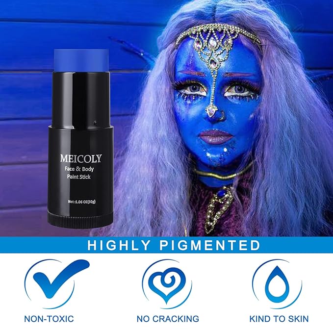 MEICOLY Royal Blue Face Body Paint Stick(1.06 Oz),Scary Clown Makeup,Waterproof Blue Eye Black Baseball/Softball/Football,Face Paint Stick for Halloween,Smurf Mystique Cosplay,Avatar SFX Makeup