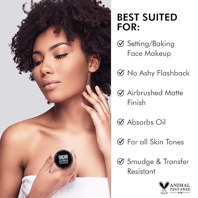 Sacha BUTTERCUP Light Mini Setting Powder. No Ashy Flashback. Blurs Fine Lines and Pores. Loose, Translucent Face Powder to Set Makeup Foundation or Concealer. For Light to Medium Skin Tones, 0.35 oz.
