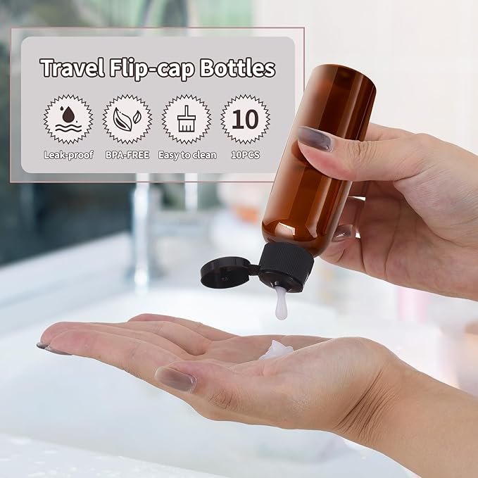Tekson Travel Bottles Empty 2oz (10 PCS), Plastic Travel Size Cosmetic Container, TSA Amber Squeeze Bottle for Shampoo, Conditioner (Flip Cap)