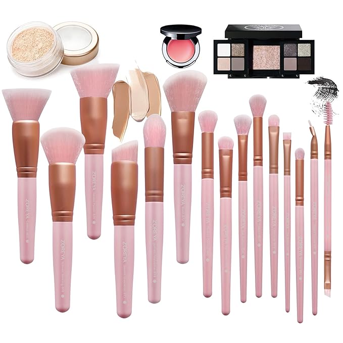 Z'OREYA Makeup Brushes 15Pcs Makeup Brush Set Premium Synthetic Kabuki Brush Cosmetics Foundation Concealers Powder Blush Blending Face Eye Shadows Brush Set (Pink)