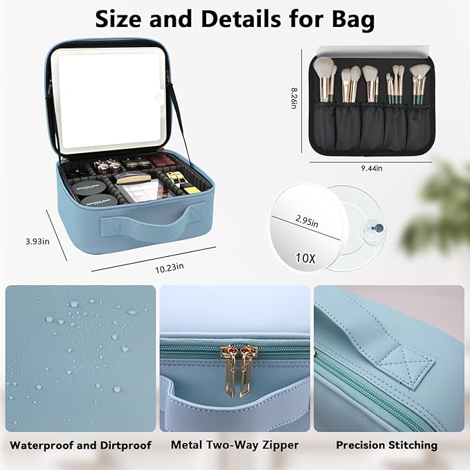 Travel Makeup Bag with LED Mirror and 10x magnifying glass with 3 Lighted Settings, Adjustable Dividers and Makeup Brush Storage Bag Light Blue
