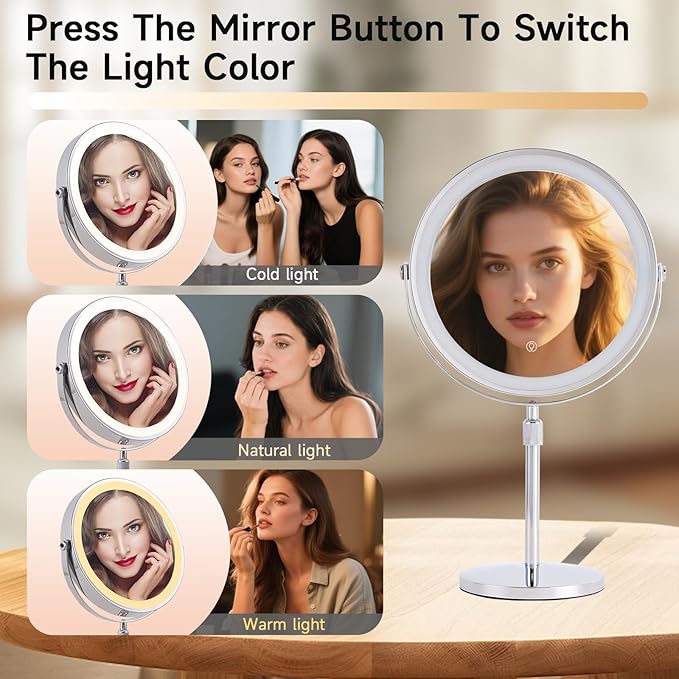 1X/10X Magnifying Makeup Mirror with Lights - 8" Dual-Sided Vanity Mirror with 3 Color Lights for Women's Travel Cosmetic Mirror & Gift | 3000 mAh-USB Rechargeable | 360° Rotation | Adjustable Height