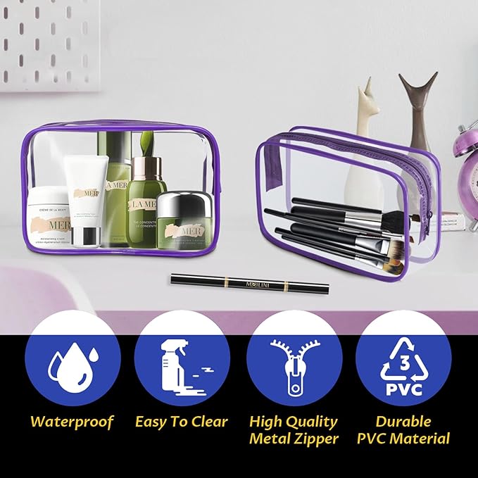 16 Pieces Clear Makeup Bag PVC Zippered Clear Toiletry Carry Pouch Portable Cosmetics Bag Waterproof Makeup Bag Vinyl Plastic Organizer Case for Travel Vacation Bathroom (Purple-M)