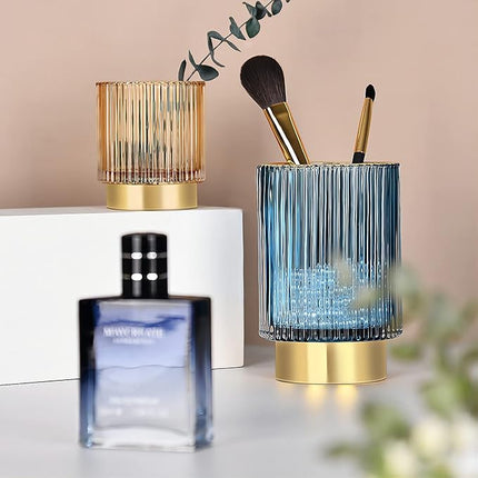 DASITON Makeup Brush holder Organizer,Crystal Cosmetic Makeup Brush Glass Brushes Storage Holder, Vintage Make Up Brush Cup Pen Pencil Holder striped vase(Blue S+L)