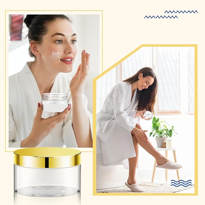 Dandat 24 Pcs 8 oz Plastic Jar Container with Lid and Label Refillable Empty Round Clear with Gold PET Cosmetic Sample Containers for Lotion, Cream, Ointments, Body Butter, Makeup, Travel Storage