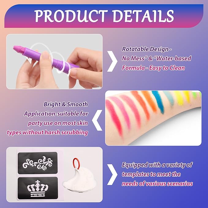 Glow Face Body Paint Pen＆Stencils Kit, Party Decorations with 6 Glow‑in‑the‑Dark Face & Body Paint Pens＆25 Reusable Diverse Art Templates for Halloween Party Kids and Adults