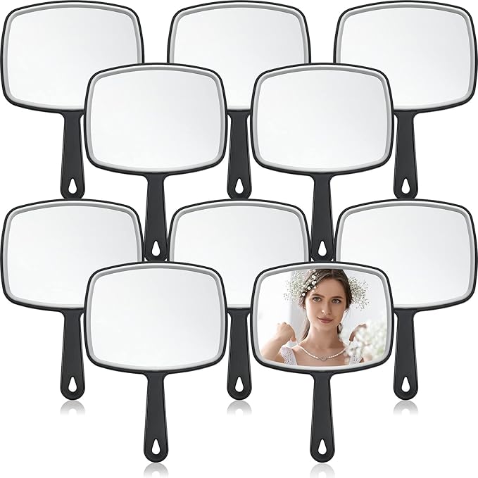 Qunclay 10 Pcs Large Hand Mirror Handheld Mirror with Handle Wall Mount for Barber Bathroom Portable Beauty School Gift for Vanity Makeup Home Salon Travel Use(7.3'' W x 10.3'' L,Black)