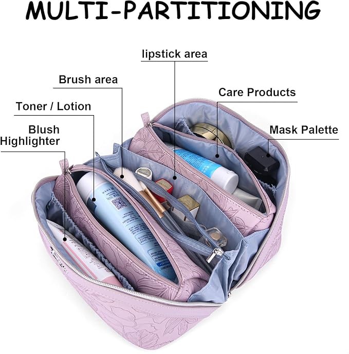 BOYATU Travel Makeup Bags Cosmetic Organizer Bag: 3-Set Large Capacity Make up Bag - PU Leather Toiletry Bags for Women - Wide Open Portable Pouch with Divider & Handle (01-Z-Light Purple)