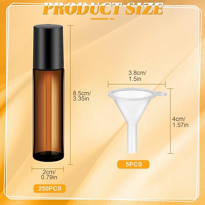 Sumind Essential Oil Roller Bottles - 250 Pcs, 10 ml Glass, Stainless Steel Roller Balls, Leakproof, Funnel Included(Amber)