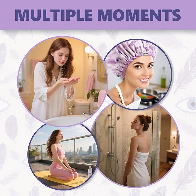 Years Calm Evil Eye Shower Caps for Women Reusable Waterproof, Pattern and Solid Color Dual-Layer Design, Hair Cap for Shower with Elastic Band, Fits Braids, Dreadlocks & Long Hair (Purple)