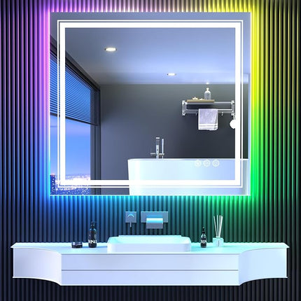 LED Mirror for Bathroom, 40"X36" with 8 RGB Backlit +3 Front Lit (Adjustable Individually), Anti-Fog, Lighted Bathroom Vanity Mirror for Wall, Shatterproof, Memory Function, Tempered Glass