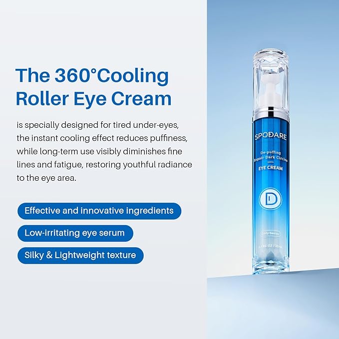 Caffeine Eye Cream, Under Eye Cream for Dark Circles, Puffiness & Puffy Bags, Wrinkles Fine Lines, Eye Roller Serum with 360° Massage Ball for Women and Men - 0.7 fl. oz