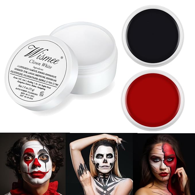 Clown Makeup Black White Red Cream Face Body Paint Clown Joker Zombie Vampire Skeleton Halloween Costume Fantasy Makeup Fancy Dress Up Cosmetics Set Oil Painting Art (White Red Black)
