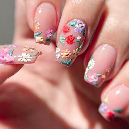 Flower Press on Nails Medium Cute Colorful 3D Flowers Fake Nails Square Acrylic Nails Press ons Colorful Floral Full Cover Glossy Spring and Summer Stick Glue on Nails for Women Girls 24 Pcs