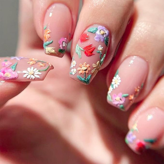 Flower Press on Nails Medium Cute Colorful 3D Flowers Fake Nails Square Acrylic Nails Press ons Colorful Floral Full Cover Glossy Spring and Summer Stick Glue on Nails for Women Girls 24 Pcs