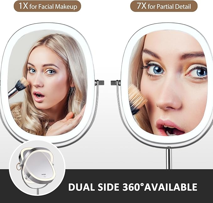 EAPUDUN Lighted Makeup Mirror 9" – 2-Sided Tabletop Vanity Mirror with 7X Magnification, 3 Color Lighting Modes, Rechargeable, 360° Rotation, 84 LED Lights