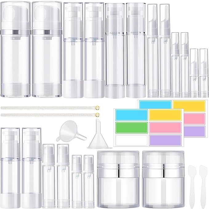 Meanplan 32 Pack Airless Pump Jars Set 3.4/1.7/1/0.34oz Refillable Travel Cosmetic Container Mini Leak Proof Atomizer Spray Bottle Skincare Dispenser for Toiletry, Cream Lotion, Foundation, Shampoo