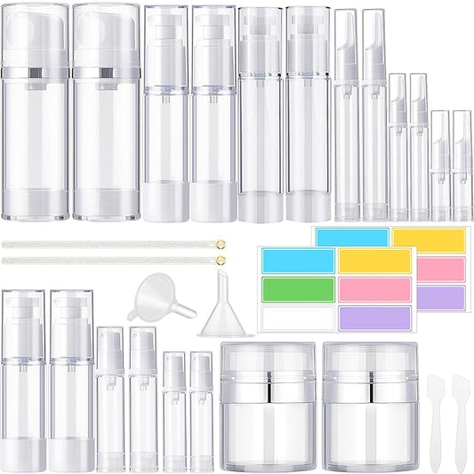 Meanplan 32 Pack Airless Pump Jars Set 3.4/1.7/1/0.34oz Refillable Travel Cosmetic Container Mini Leak Proof Atomizer Spray Bottle Skincare Dispenser for Toiletry, Cream Lotion, Foundation, Shampoo
