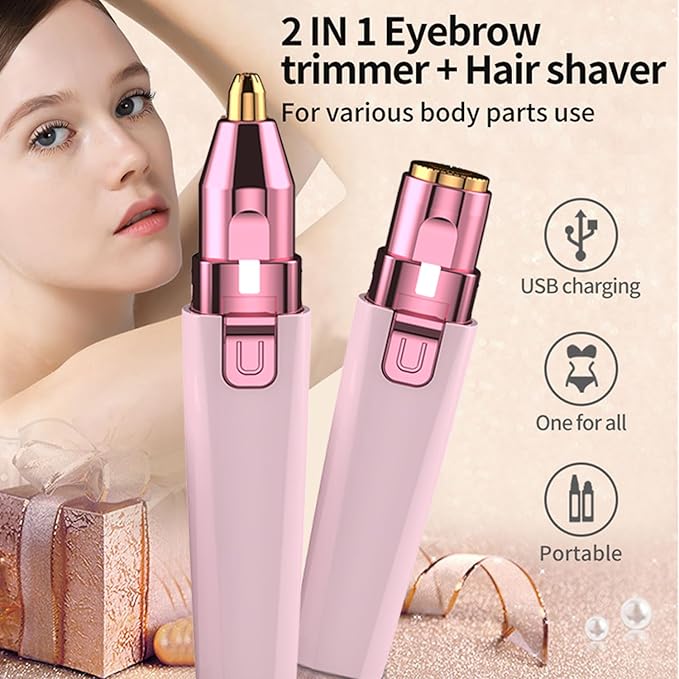 Facial Hair Remover for Women - Pink USB Rechargeable Eyebrow Trimmer & Face Shaver with LED Light, 2-in-1 Hair Removal Device for Smooth Skin