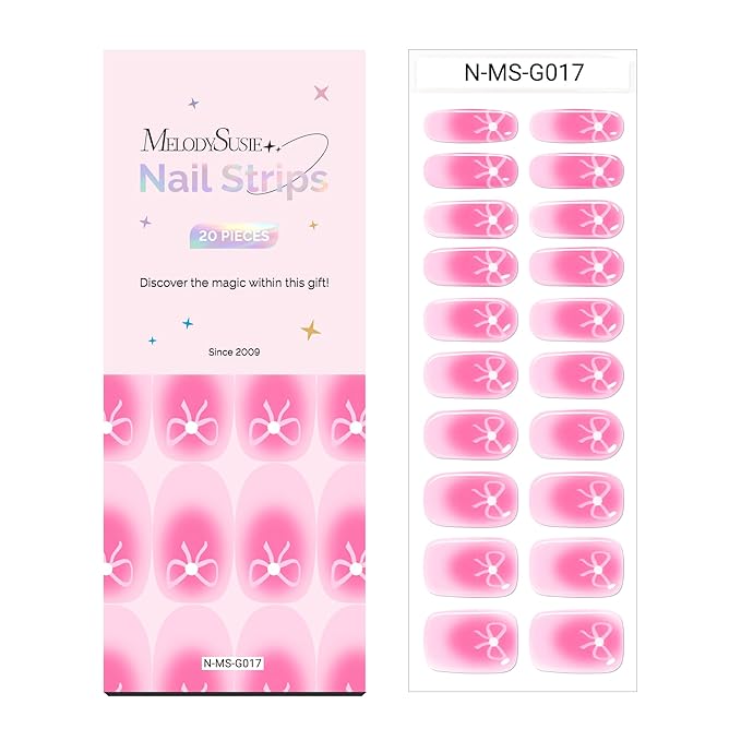 MelodySusie Semi Cured Gel Nail Strips, 20 PCS Gel Nail Stickers, UV Light Required, Durable & Salon Quality (Pink Bow)