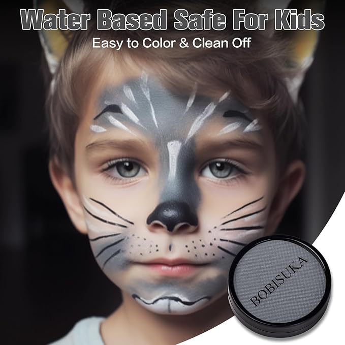 BOBISUKA Grey Face Body Paint, Water-Based Face Painting Kit & Body Paints, Kids Adults Facepaint for Halloween Zombie Grayscale Homestuck Raven Goth Makeup, Costume Cosplay Party Theater & Stage