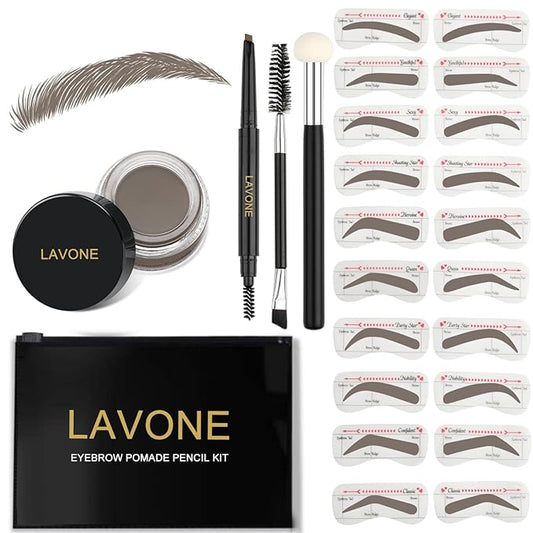 LAVONE Eyebrow Stamp Stencil Kit for Eyebrow, Brow Stamp Trio Kit with Waterproof Eyebrow Pencil, Eyebrow Pomade,20 Eyebrow Stencils,Dual-ended Eyebrow Brush and Sponge Applicator - Grey