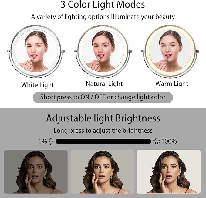 8”Large Makeup Mirror with Lights,1X/10X Rechargeable True Height Adjustable HD Magnifying Mirror with 3 Color Dimmable Lights,360° Rotation Double Sided Vanity Makeup Mirror,Gift for Women (Silver)