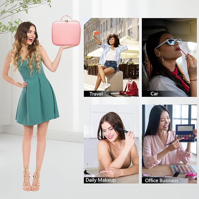 Travel Makeup Bag with LED Mirror with 3 Lighted Settings, Adjustable Dividers, Makeup Brush Storage Bag and Jewelry Case Pink