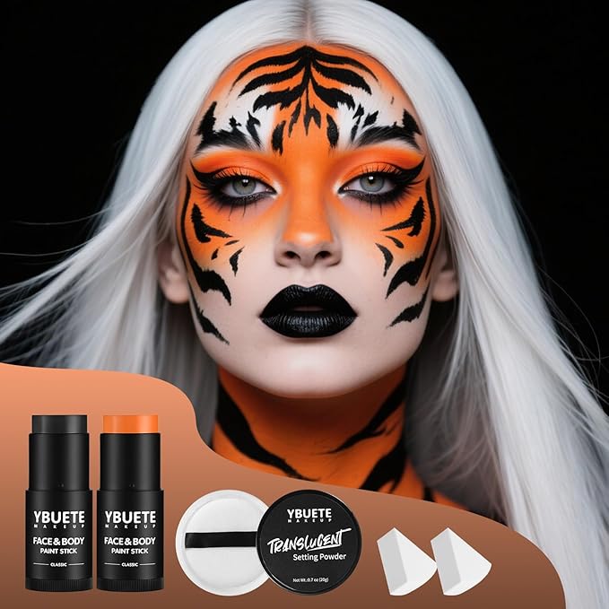 Black Orange Face Body Paint Stick Set with Translucent Setting Powder and Sponges, Professional Full Coverage Face Painting for Adults Halloween Cosplay SFX Tiger Pumpkin Clown Makeup