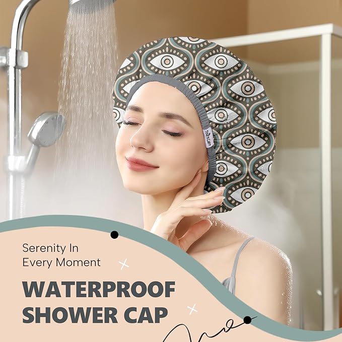 Years Calm Evil Eye Shower Caps for Women Reusable Waterproof, Pattern and Solid Color Dual-Layer Design, Hair Cap for Shower with Elastic Band, Fits Braids, Dreadlocks & Long Hair (Gray)