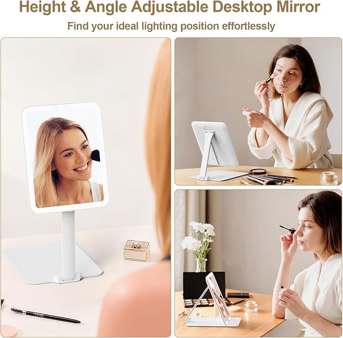 Benbilry Travel Makeup Mirror with Light, 15X Magnifying Mirror & 3 Color Modes, 1800mAh Rechargeable, Adjustable Height/Angle Stand, Foldable LED Vanity Mirror for Tabletop (White)