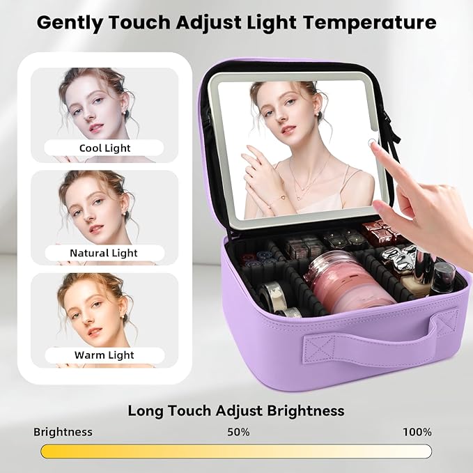 Travel Makeup Bag with LED Mirror and Light Travel Makeup Case Cosmetic Organizer Portable Cosmetic Brush Organizer Bag with Adjustable Dividers for Cosmetics Makeup Brushes Toiletry(Purple)