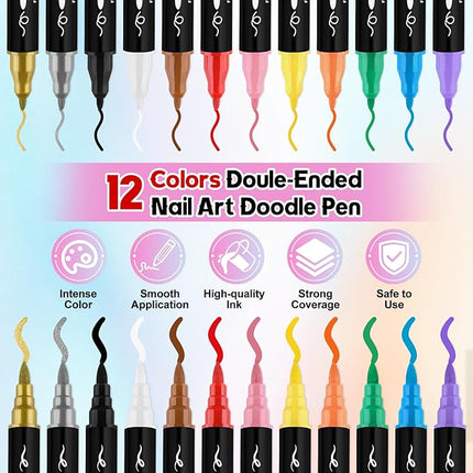 Kalolary 12 Colors Nail Art Pens Set, 3D Nail Polish Pens Double-Ended Acrylic Paint Pen Nail Art Markers Quick-Dry Nail Art Tools for Dotting Drawing Painting DIY Nail Art Beauty Manicure（B）