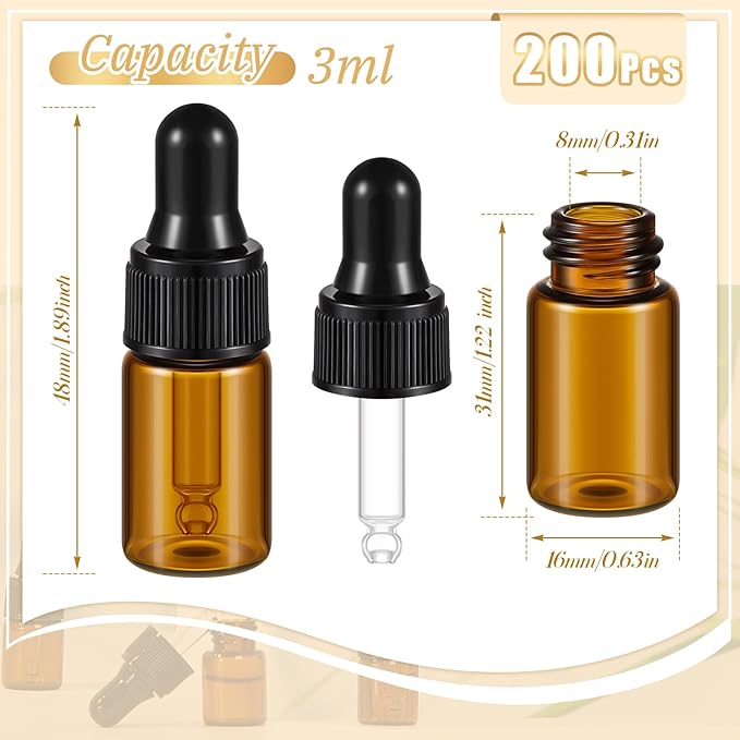 200 Pcs Mini Glass Oil Dropper Bottle Bulk, Clear Essential Small Empty Bottles Sample Containers Perfume Liquid Vials with Cap for Traveling (3 ml,Amber)