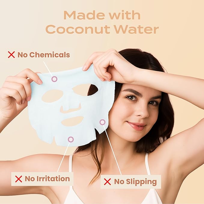 Body Restore Natural Collagen Face Mask 5 Pack – Korean Skin Care Mask with Fermented Coconut Water, Christmas Stocking Stuffers, White Elephant, Birthday Gifts for Women & Men, Dry Skin - Glow