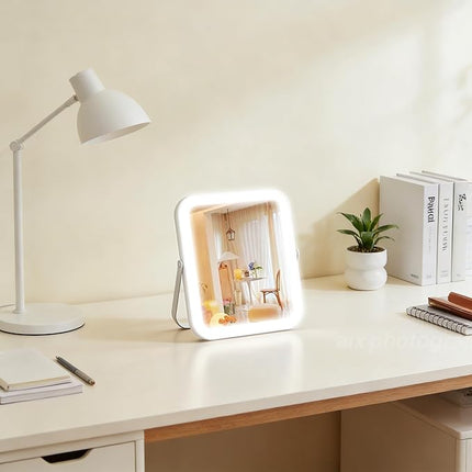 ROLOVE Travel Makeup Mirror with Lights, 8x10 Inch Aluminum LED Vanity Mirror, Rechargeable Portable Mirror for Desk & Travel Essentials, Light Up Mirror with Stand, Dimmable Touch Screen