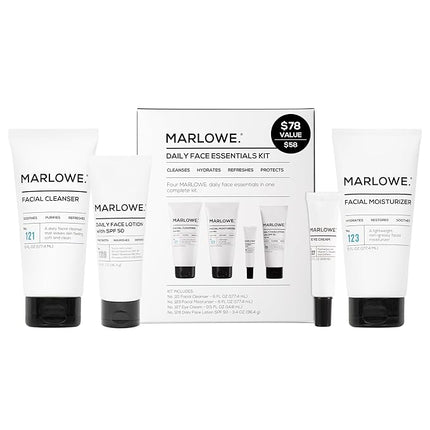 MARLOWE. Mens Skin Care Set, No. 204 Daily Essential Face Kit, No. 121 Facial Cleanser, No. 123 Facial Moisturizer, No. 127 Eye Cream, No. 128 Daily Face Lotion with SPF 50, Great Gift for Men