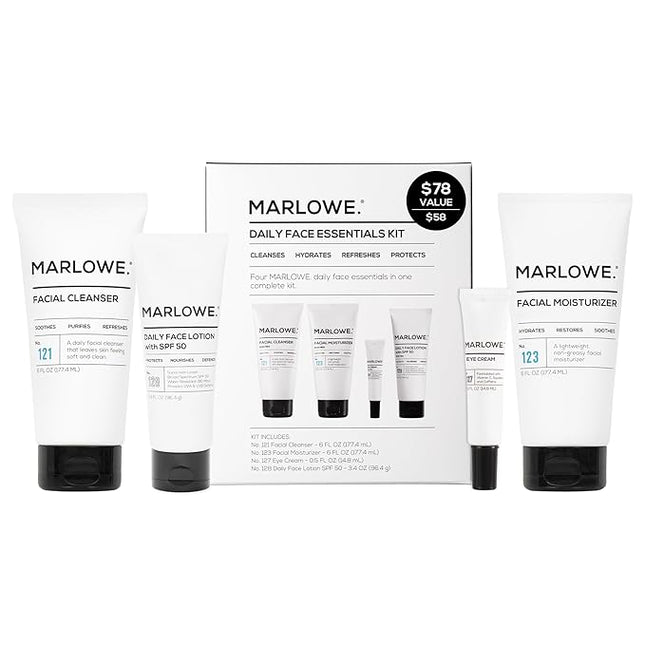 MARLOWE. Mens Skin Care Set, No. 204 Daily Essential Face Kit, No. 121 Facial Cleanser, No. 123 Facial Moisturizer, No. 127 Eye Cream, No. 128 Daily Face Lotion with SPF 50, Great Gift for Men