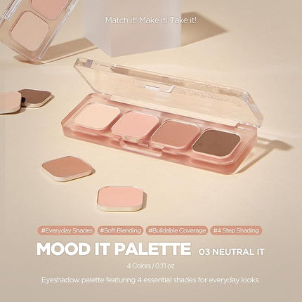 lilybyred Mood It Palette | 4-Shade Korean Eyeshadow Palette, Pre-Matched Personal Tone, Soft Blending, Buildable Coverage, Matte & Shimmer Finish, Daily Wear, Compact Size, 0.10 oz. (03 Neutral It)
