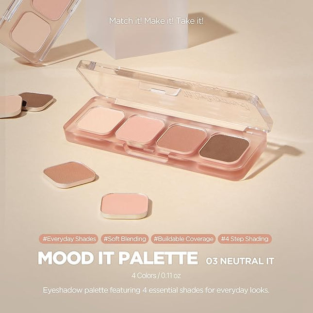 lilybyred Mood It Palette | 4-Shade Korean Eyeshadow Palette, Pre-Matched Personal Tone, Soft Blending, Buildable Coverage, Matte & Shimmer Finish, Daily Wear, Compact Size, 0.10 oz. (03 Neutral It)