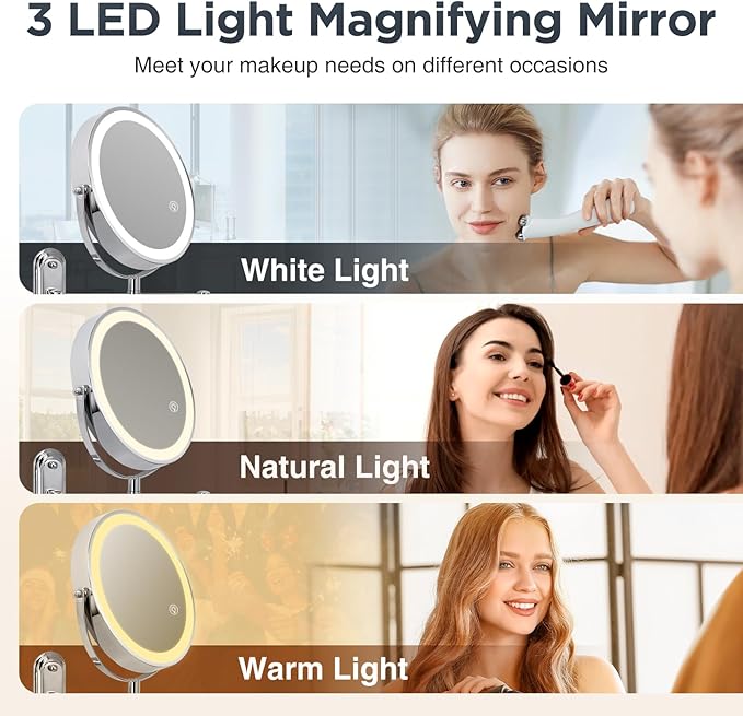 Wall Mounted Mirror with Lights - 15x Magnifing Extended Arm Mirror, 3 Color Lights & 360°Swivel Vanity Mirror, 8.5in Bathroom Mirrors for Wall Mounted - Chrome