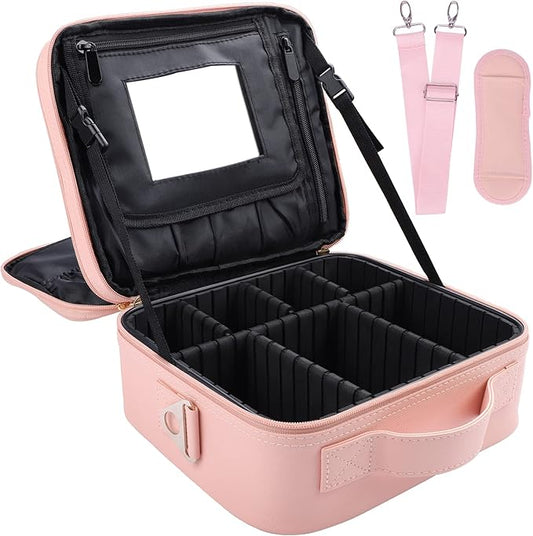 PU Leather Travel Makeup Bag, Portable Makeup Organizer Case Makeup Train Case with Adjustable Dividers and Shoulder Strap Make up Bags (with Mirror Pink)