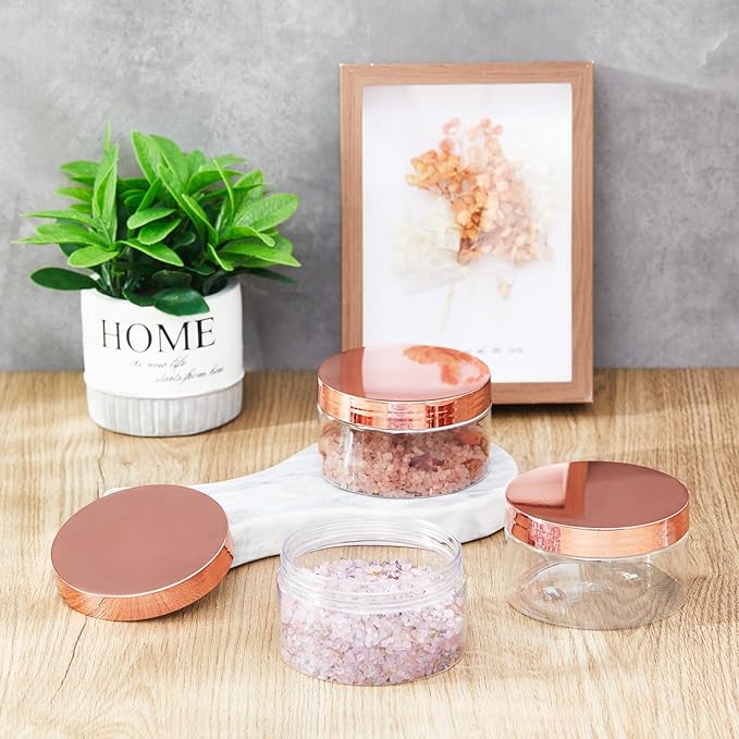 Uiifan 48 Pcs 8 oz Plastic Jars with Lids &labels, Empty Refillable Cosmetic Leak Proof Containers for Cream Body Butters Powder Ointment Lip Scrub(Clear with Rose Gold Lids)