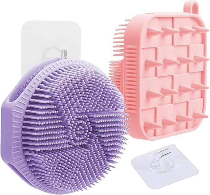 Silicone Shower Scrubber Women Men 2 Pack Exfoliating Body Scrubber Exfoliator Scalp Non-Slip Hollow Hand Glove Loofah Alternative Deep Clean Wash Dual-Sided Durable Scrub Bath Essentials Purple Pink