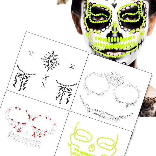 4 Pcs Halloween Face Gems Tattoos,Day of the Dead Face Temporary Skull Halloween Rhinestone Face Jewels Tattoos Body Makeup Stickers for Halloween Rave Party