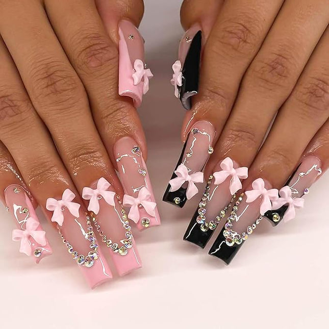 RUOKEXIN Long Square Press-on Nails: French Tip False Nails with Bow Rhinestones Designs - Pink, Black, Sparkly, Artificial 24Pcs