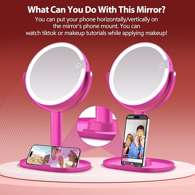 MIYADIVA Makeup Mirror with Lights, 20X Magnifying Mirror with Light and Touch Switch, 2-Sided Vanity Mirror with 3 Color and 80 LEDs, Hot Pink