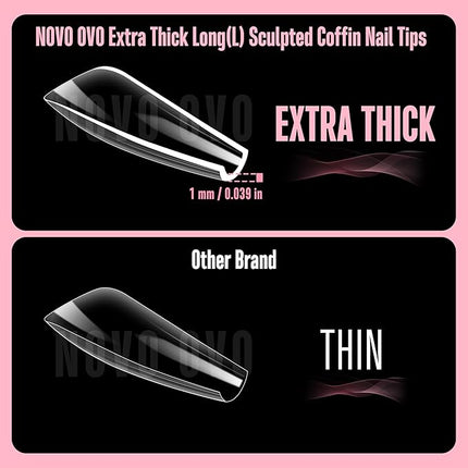 NOVO OVO Long Coffin Nail Tips SCULPTED (Not NATURAL) for Curved Nail Beds, Extra Thick L Length False Nails Press on, Full Cover Soft Gel Fake Nail Extension, Salon DIY x 15 Sizes 450 pcs